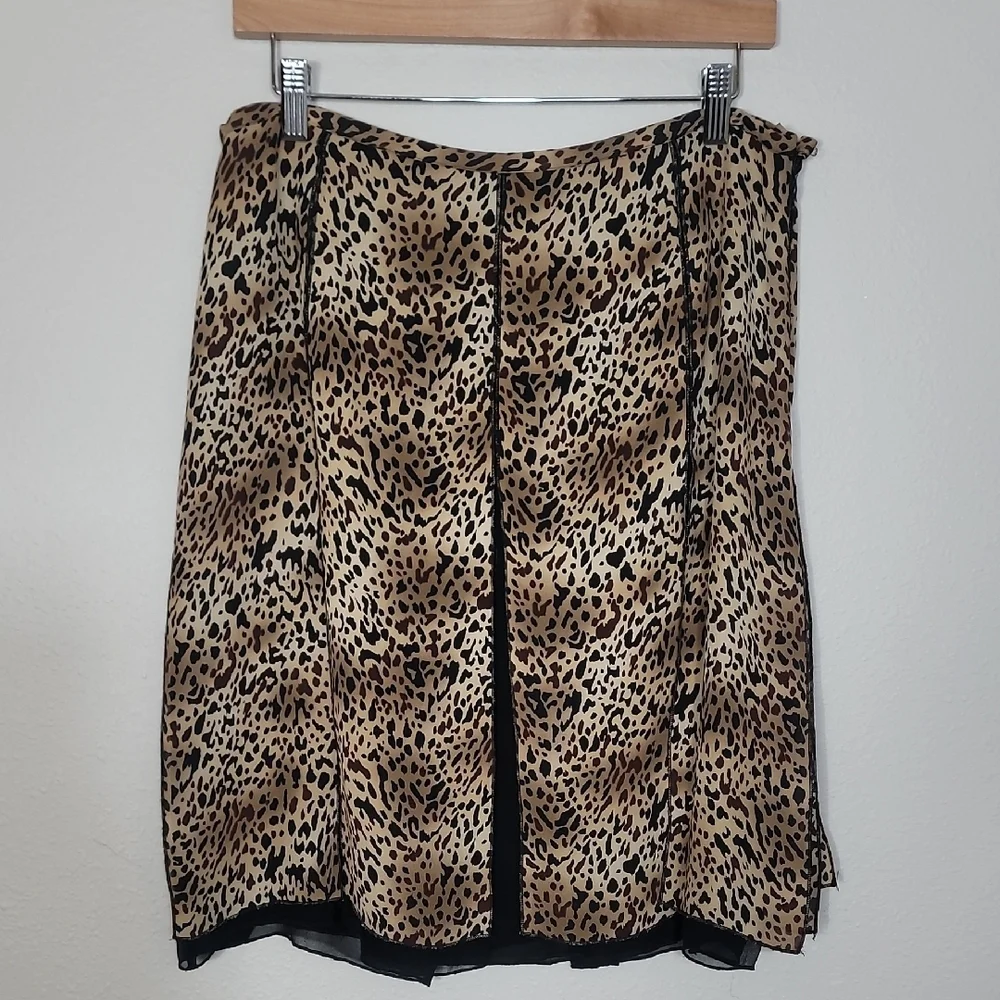 Sunny Leigh Leopard Print 100% Silk Skirt Size 12 Midi Knee Y2K Whimsigoth 90s